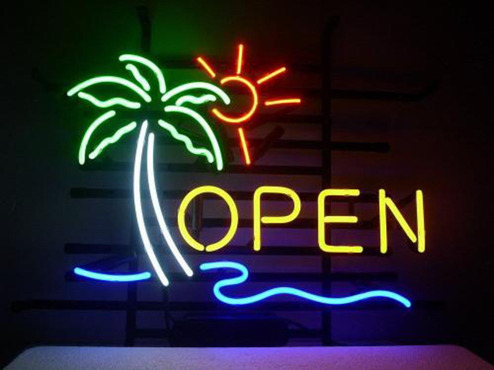 Custom Open Neon Sign With Palm Tree